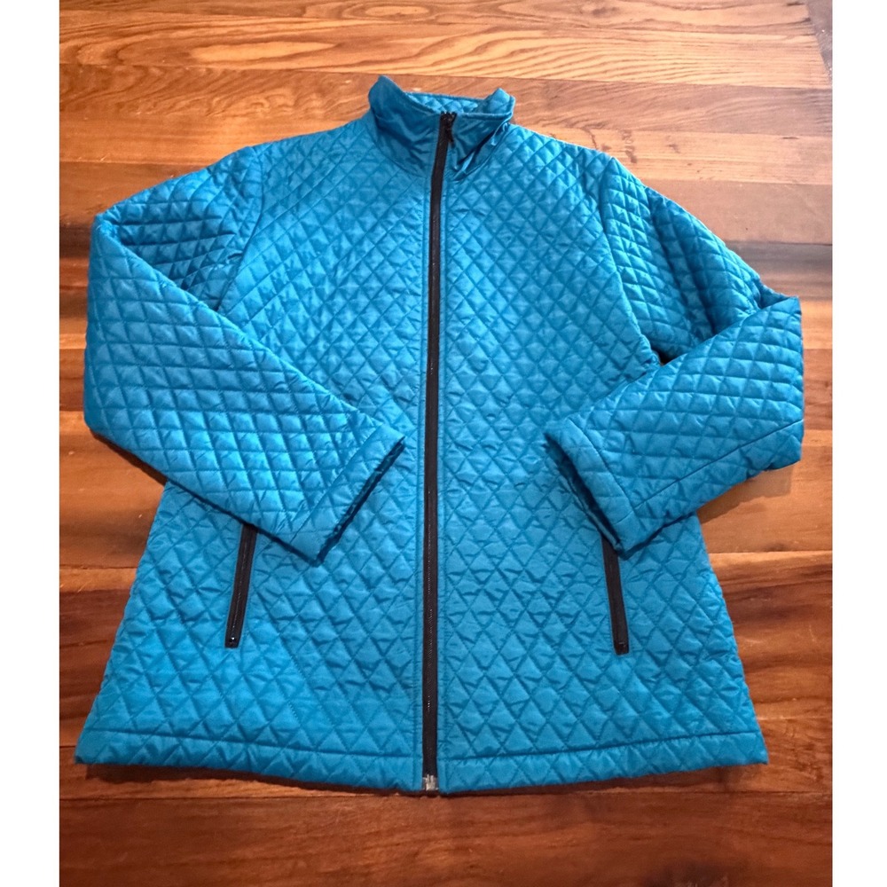 Additions by Chicos Quilted Jacket Turquoise Blue Full Zip Mock Neck Size 1 M